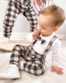 MoMo Kids komplet chłopięcy body z muchą + szelki + spodnie w brązową kratę #1