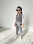 MoMo Kids 3-częściowy komplet chłopięcy mucha + kamizelka + spodnie stalowy w kratkę rozmiar 92-122