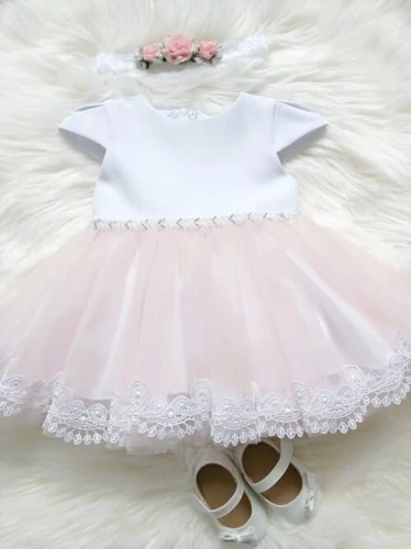 LuLu Design sukienka na Chrzest Święty Pola biała z różowym tiulem