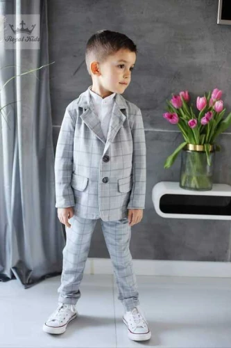 Royal Kids 2-częściowy garnitur marynarka + spodnie szara krata II rozmiar 92/98-152/158