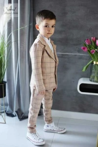 Royal Kids 2-częściowy garnitur marynarka + spodnie w beżową kratę rozmiar 92/98-152/158