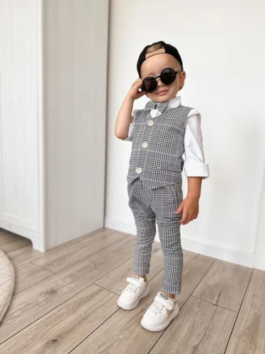 MoMo Kids 3-częściowy komplet chłopięcy mucha + kamizelka + spodnie w szarą pepitkę rozmiar 92-146