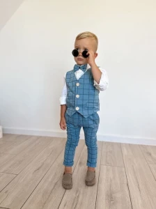 MoMo Kids 3-częściowy komplet chłopięcy mucha + kamizelka + spodnie morski w kratkę rozmiar 92-122