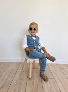 MoMo Kids 3-częściowy komplet chłopięcy mucha + kamizelka + spodnie morski w kratkę rozmiar 62-86
