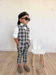 MoMo Kids 3-częściowy komplet chłopięcy mucha + kamizelka + spodnie szary w kratkę rozmiar 92-122