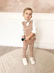 MoMo Kids 3-częściowy komplet chłopięcy mucha + kamizelka + spodnie ciepły beż w kratkę rozmiar 92-146