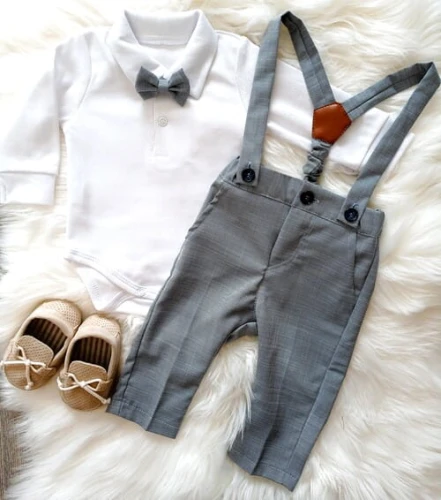Ma'lu baby&kids komplet chłopięcy 3-częściowy body polo + mucha + spodnie z szelkami błękitny