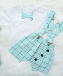 MoMo Kids komplet chłopięcy t-shirt  z krótkim rękawem z muchą + szelki + szorty miętowy w kratkę rozmiar 92-116