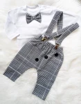 MoMo Kids komplet chłopięcy body z muchą + szelki + spodnie w szarą pepitkę rozmiar 62-86