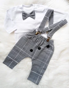 MoMo Kids komplet chłopięcy body z muchą + szelki + spodnie w szarą pepitkę rozmiar 62-86