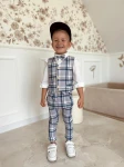 MoMo Kids 3-częściowy komplet chłopięcy mucha + kamizelka + spodnie szary w niebieską kratkę rozmiar 92-122